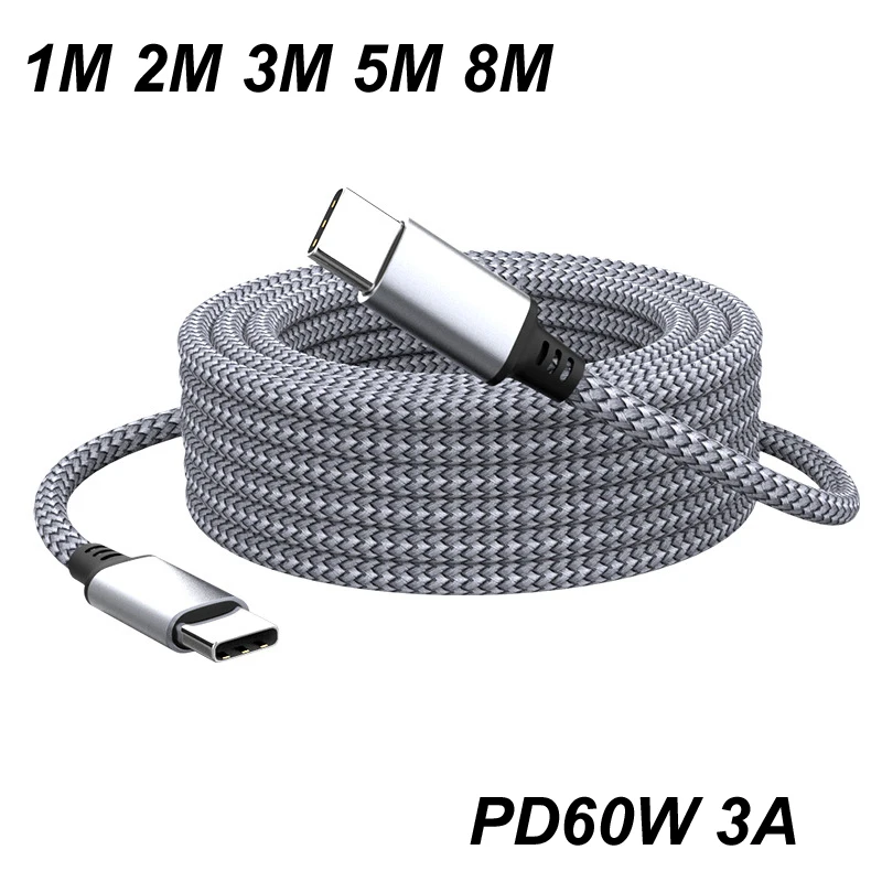 1M 2M 3M 5M 8M USB Type C To Type C Cable PD 60W 3A Fast Charging Data Sync Extension Cable for IPhone13 Samsung Camera Laptop