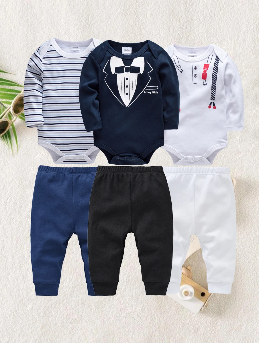 6 Pcs Baby Clothes Boys Romper Long Sleeve Bodysuit Trousers Baby Clothing Sets Onesize and Pants Suit Newborn Gift