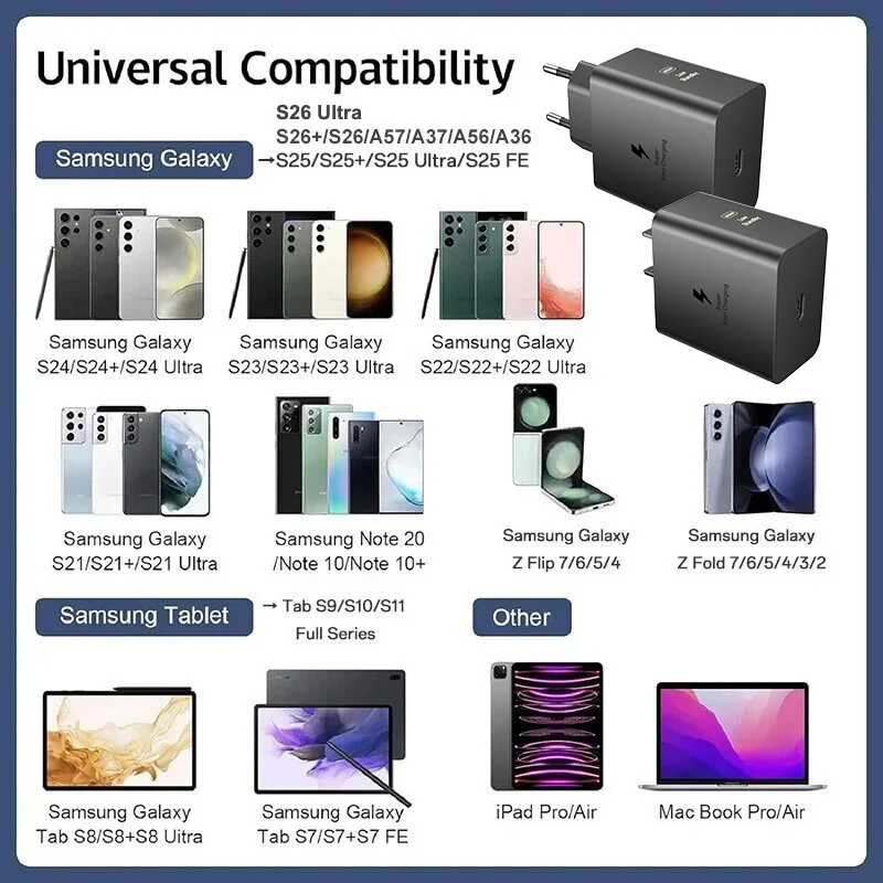 Original Samsung 45W PD Charger Super Fast Charger Type C Cable Galaxy S26 S25 Ultra S24 S23 S22 S21 A54 A55 A56 A17 Z Fold 8 7