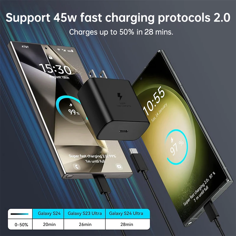Original Samsung 45W PD Charger Super Fast Charger Type C Cable Galaxy S26 S25 Ultra S24 S23 S22 S21 A54 A55 A56 A17 Z Fold 8 7