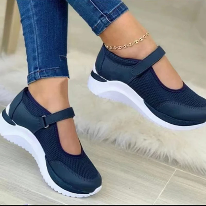 Round Head Knitted Women's Thick Sole Single Shoes Women's Large Size 36-43 Grid Casual Women's Shoes Sneakers Women