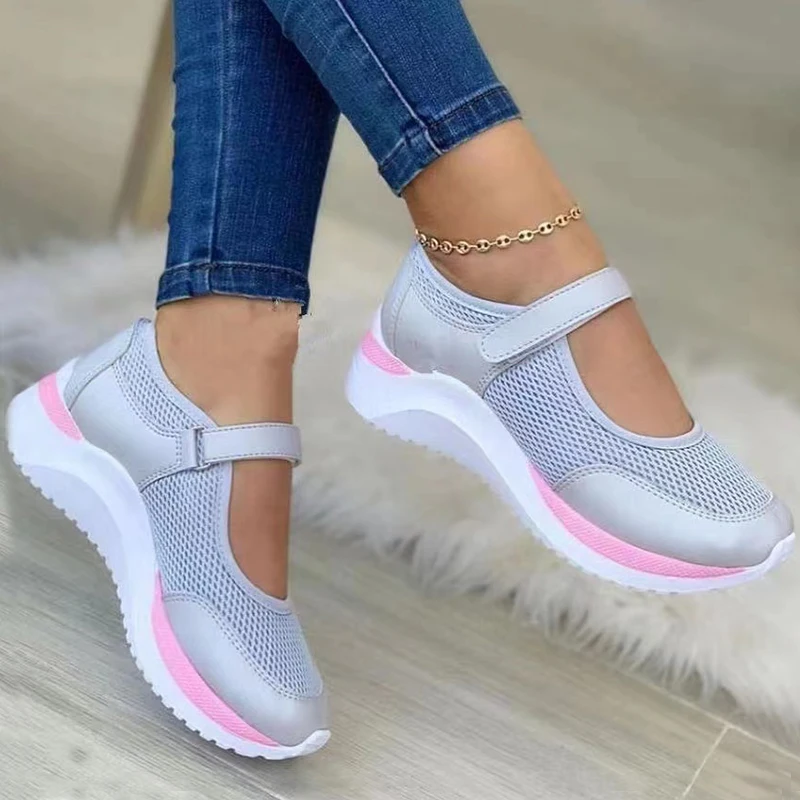 Round Head Knitted Women's Thick Sole Single Shoes Women's Large Size 36-43 Grid Casual Women's Shoes Sneakers Women