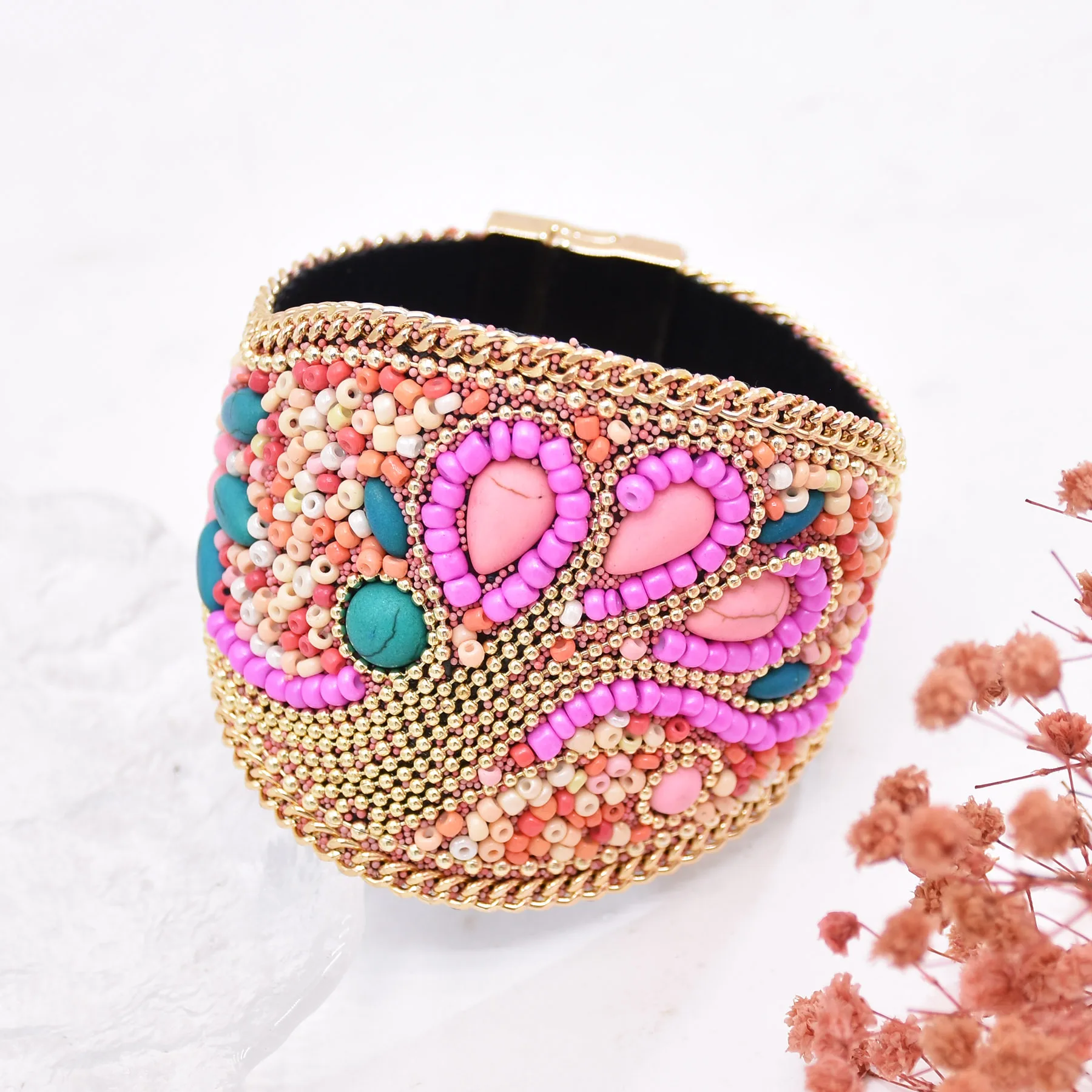 Handmade Bohemian Beads Shell Turquoise Bracelet For Women Evil Eye Wide Ethnic Style Magnet Jewelry Gift Colorful Accessory