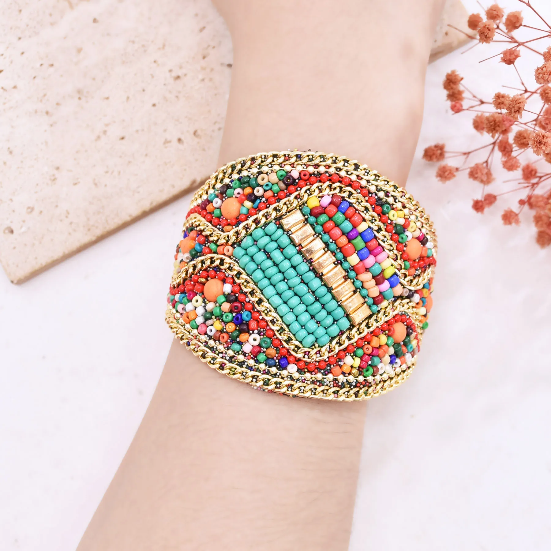 Handmade Bohemian Beads Shell Turquoise Bracelet For Women Evil Eye Wide Ethnic Style Magnet Jewelry Gift Colorful Accessory