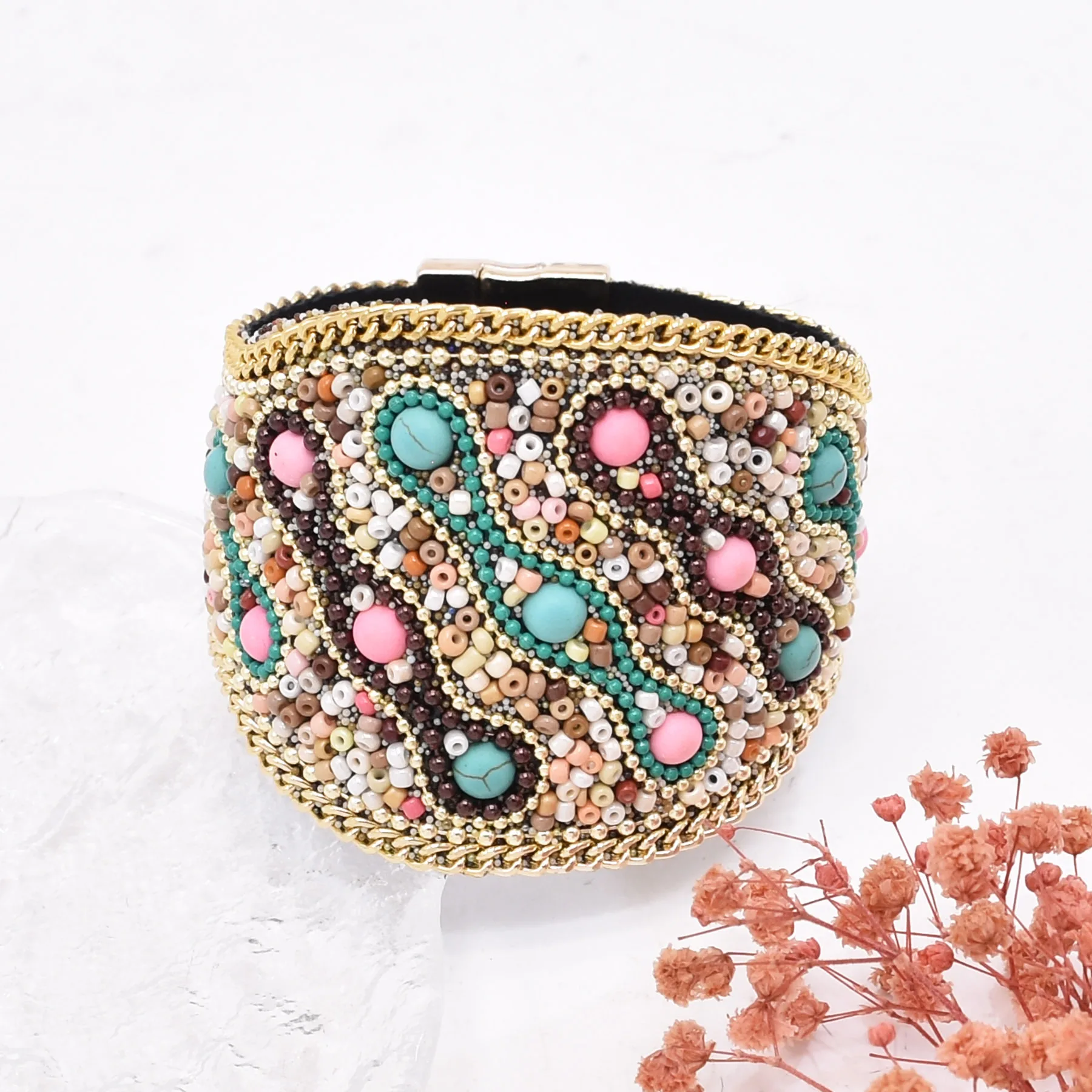 Handmade Bohemian Beads Shell Turquoise Bracelet For Women Evil Eye Wide Ethnic Style Magnet Jewelry Gift Colorful Accessory