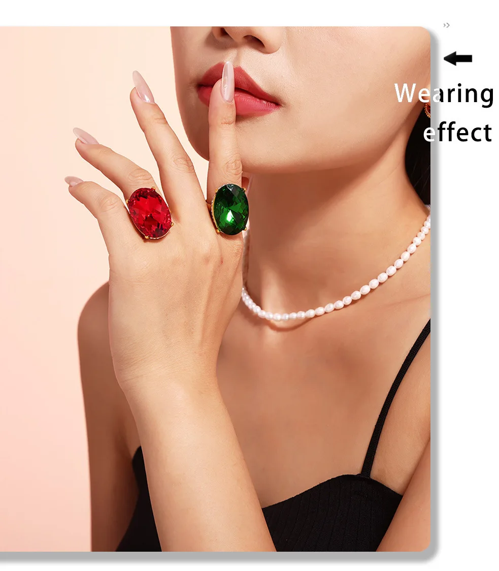 Big Oval Glass Stone Luxury Stainless Steel Rhinestones Rings For Women Trendy Index Finger Ring Jewelry Wedding Banquet Gift