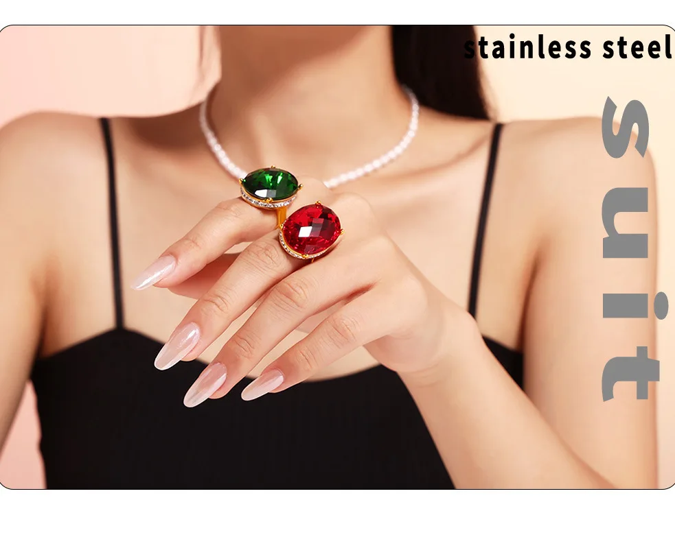 Big Oval Glass Stone Luxury Stainless Steel Rhinestones Rings For Women Trendy Index Finger Ring Jewelry Wedding Banquet Gift