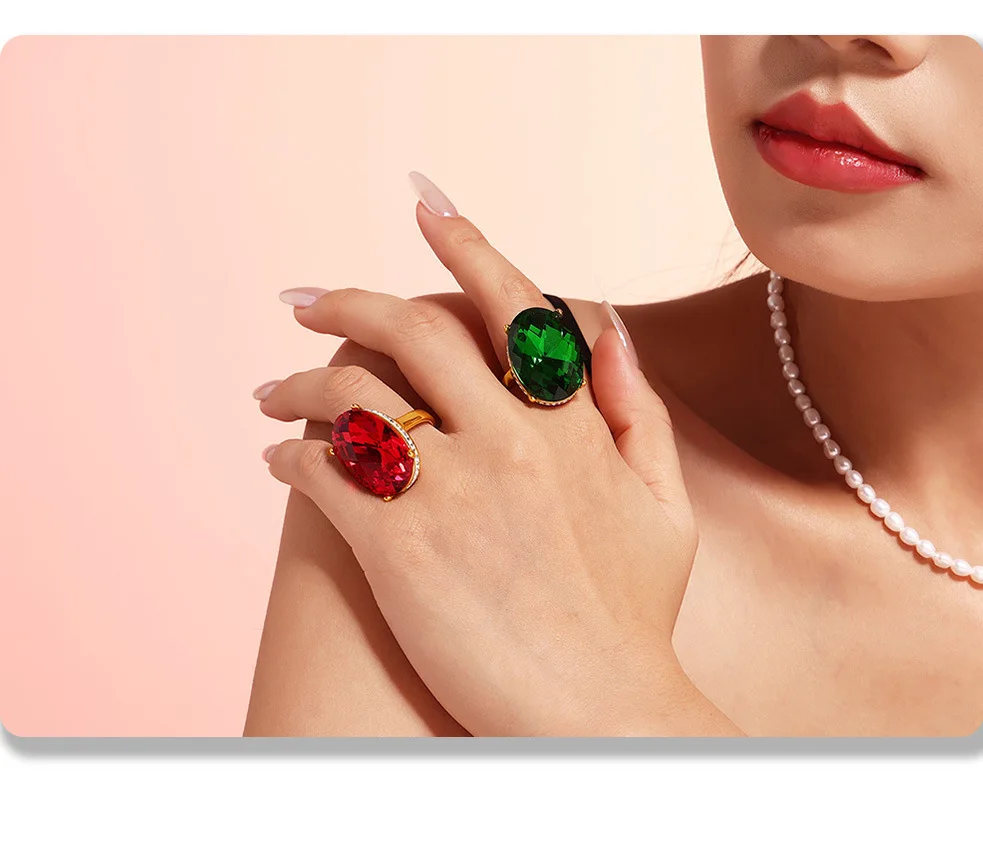 Big Oval Glass Stone Luxury Stainless Steel Rhinestones Rings For Women Trendy Index Finger Ring Jewelry Wedding Banquet Gift