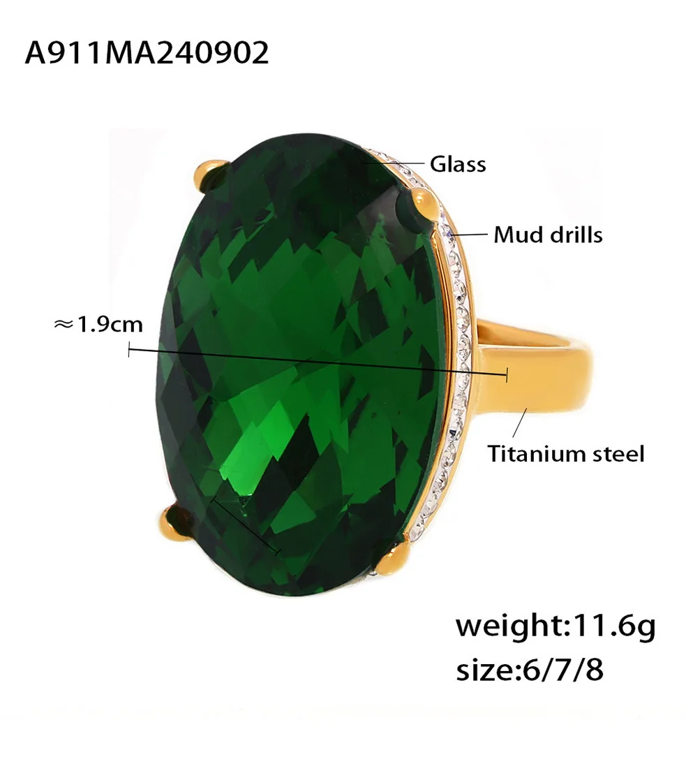Big Oval Glass Stone Luxury Stainless Steel Rhinestones Rings For Women Trendy Index Finger Ring Jewelry Wedding Banquet Gift