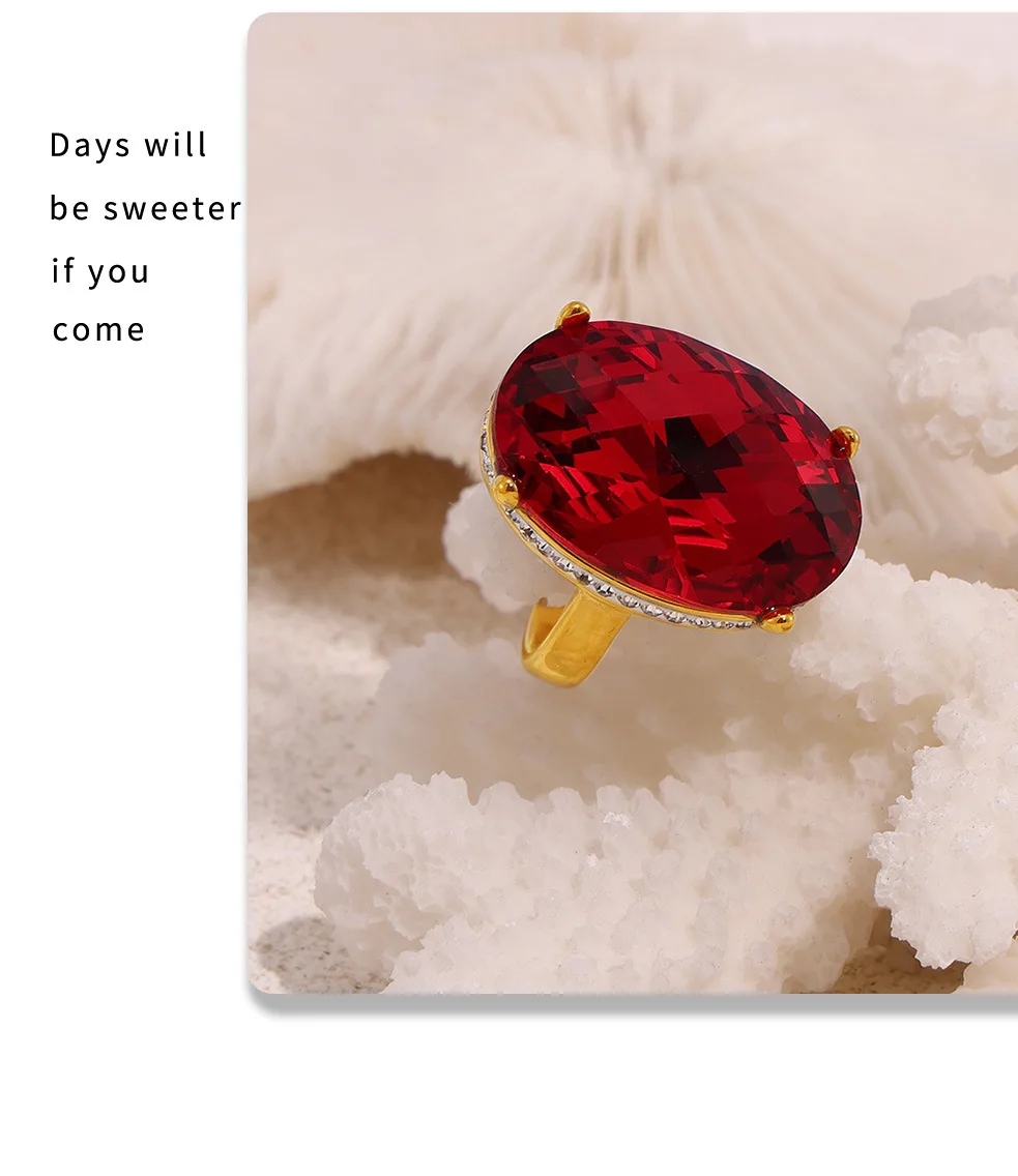 Big Oval Glass Stone Luxury Stainless Steel Rhinestones Rings For Women Trendy Index Finger Ring Jewelry Wedding Banquet Gift