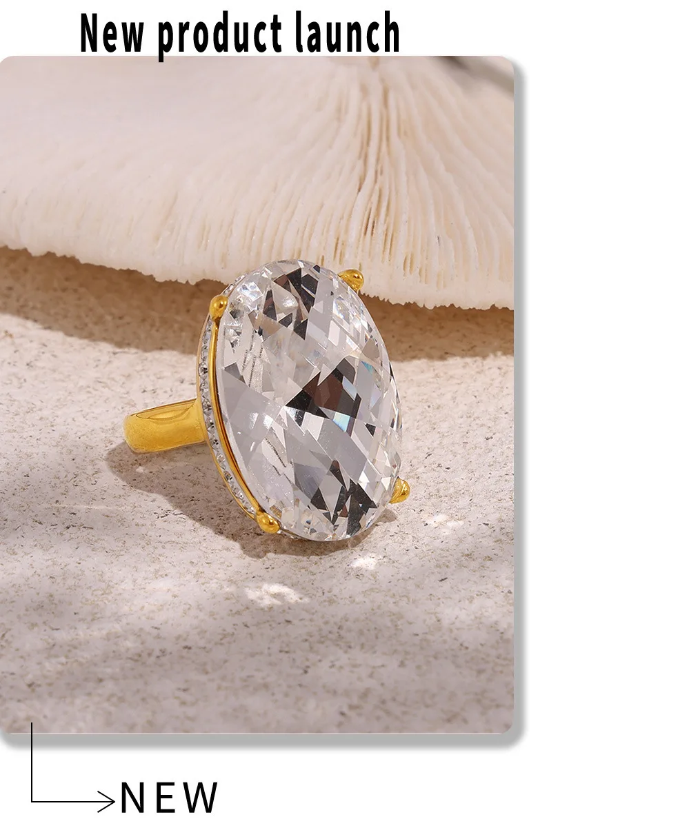 Big Oval Glass Stone Luxury Stainless Steel Rhinestones Rings For Women Trendy Index Finger Ring Jewelry Wedding Banquet Gift
