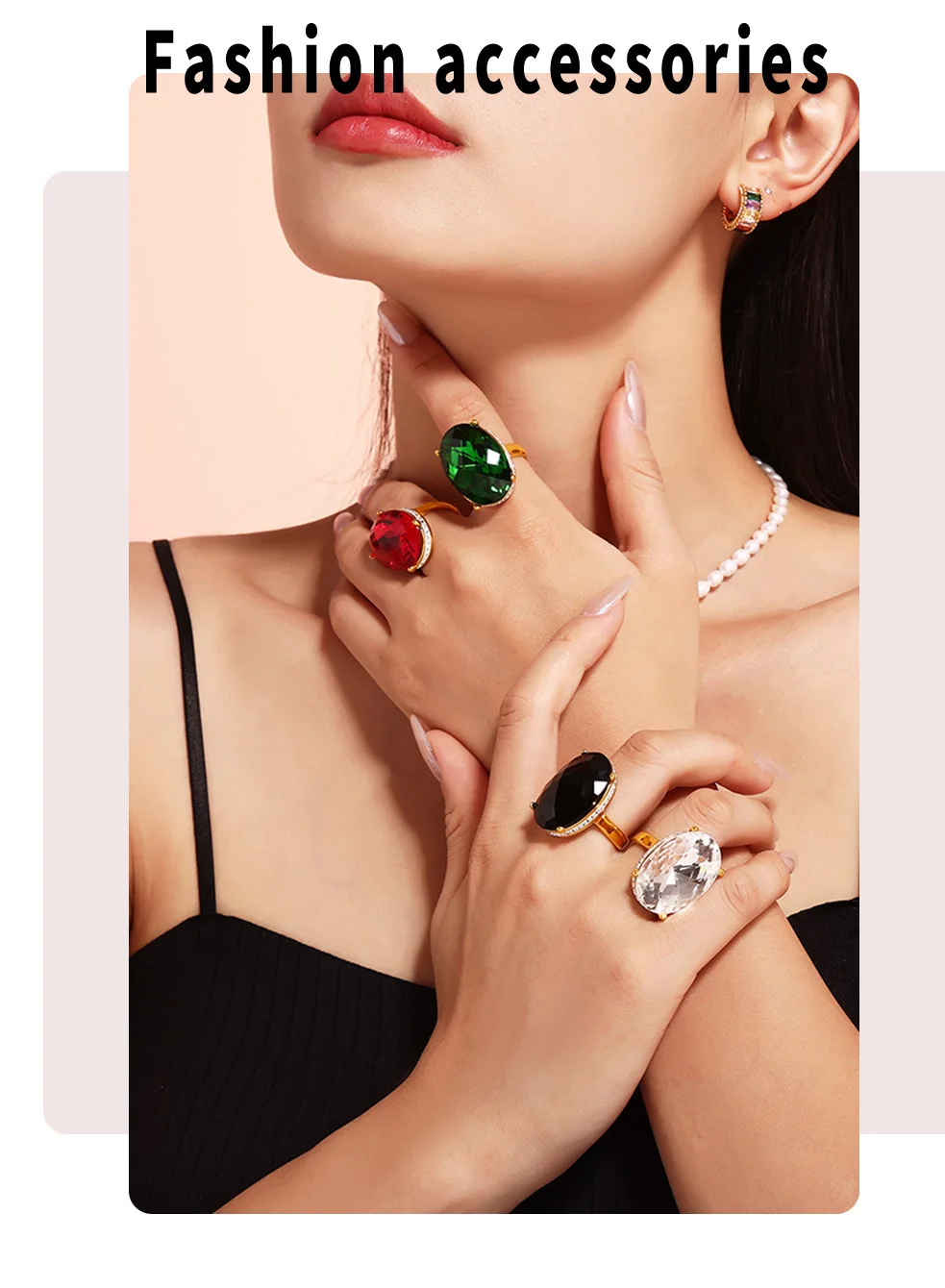 Big Oval Glass Stone Luxury Stainless Steel Rhinestones Rings For Women Trendy Index Finger Ring Jewelry Wedding Banquet Gift