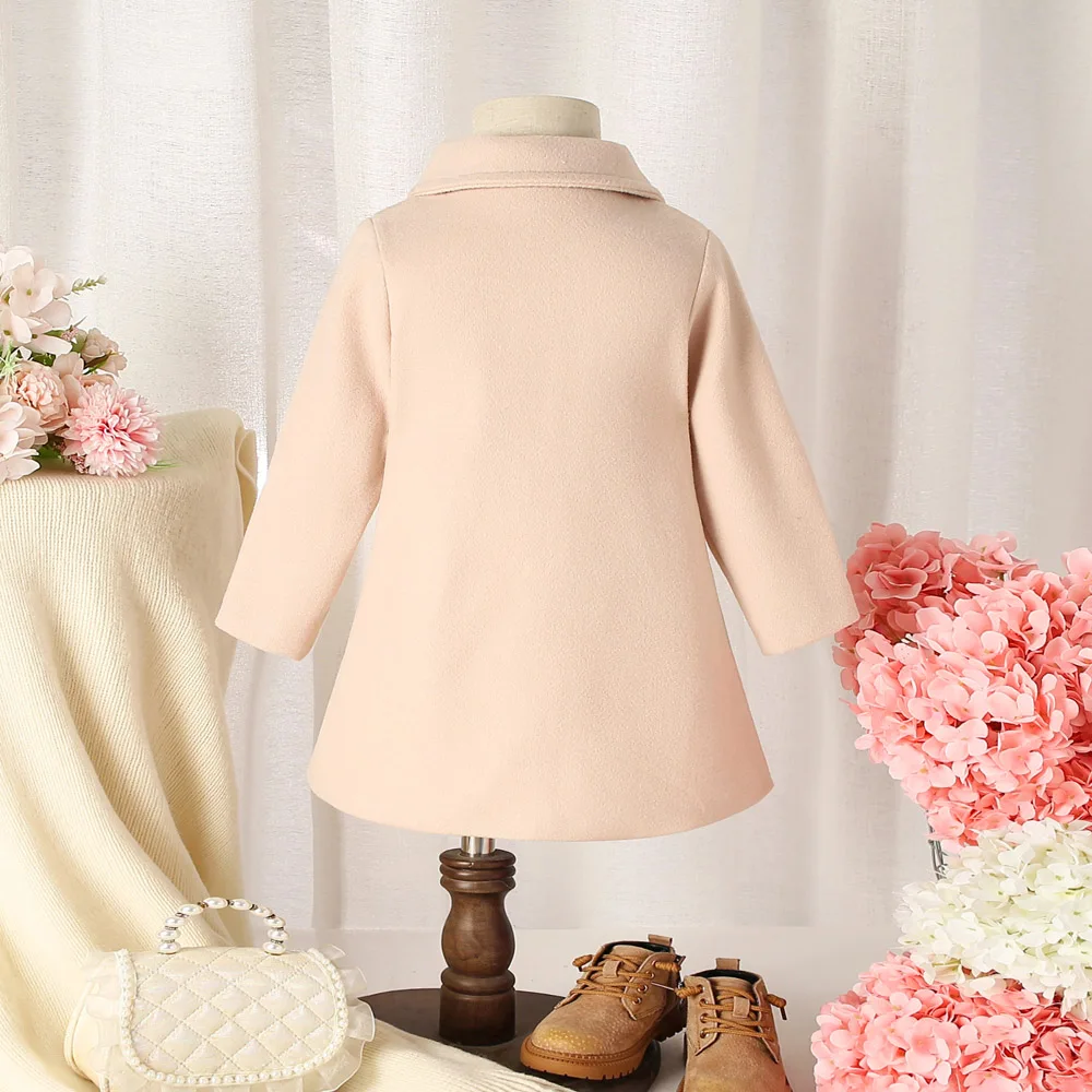 (0-3 Years Old) Winter New Girls' Blouse Button Coat Coat Solid Color Simple Fashion Lapel Long Solid Color Bow
