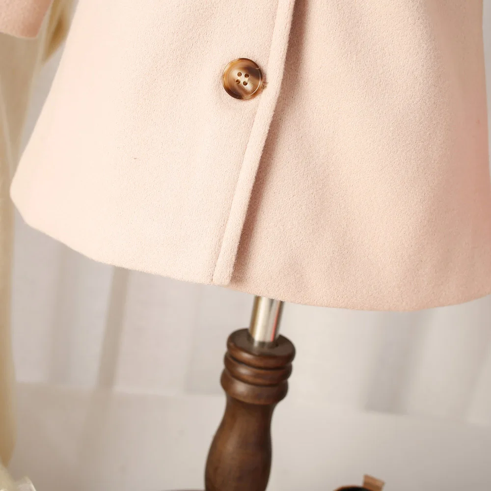 (0-3 Years Old) Winter New Girls' Blouse Button Coat Coat Solid Color Simple Fashion Lapel Long Solid Color Bow