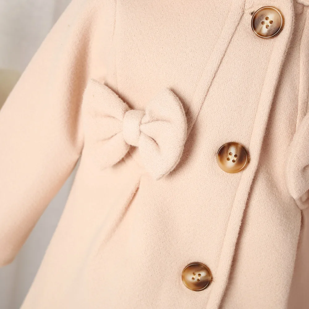 (0-3 Years Old) Winter New Girls' Blouse Button Coat Coat Solid Color Simple Fashion Lapel Long Solid Color Bow