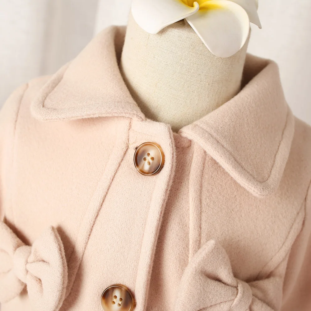 (0-3 Years Old) Winter New Girls' Blouse Button Coat Coat Solid Color Simple Fashion Lapel Long Solid Color Bow