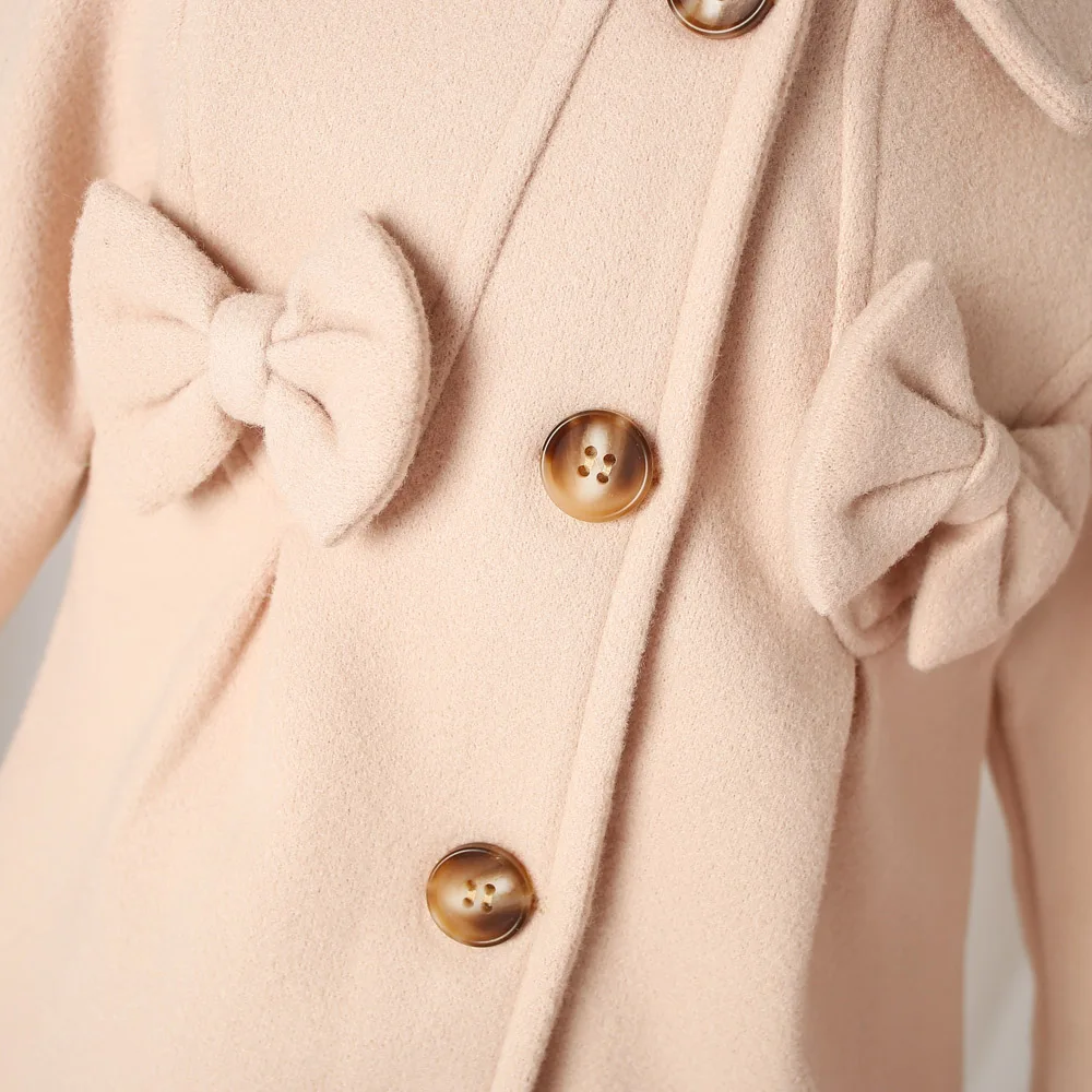 (0-3 Years Old) Winter New Girls' Blouse Button Coat Coat Solid Color Simple Fashion Lapel Long Solid Color Bow