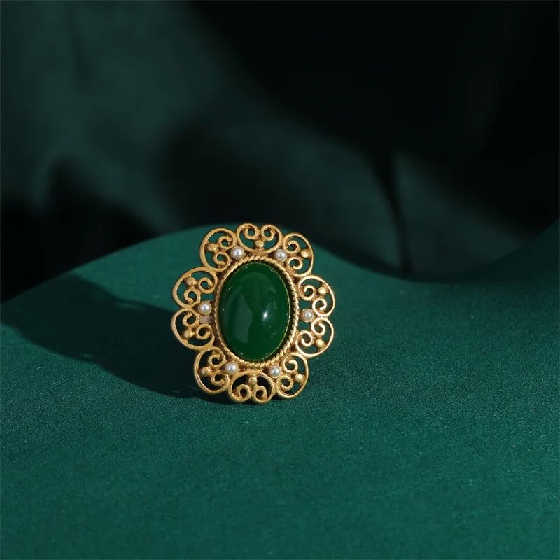 Elegant Vintage Rings for Women Copper Antique Gold Color Oval Crystal Emerald Round Natural Stone Designer Retro Jewelry