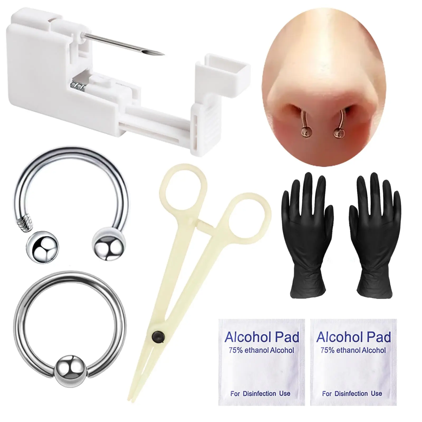 8Pcs Septum Piercing Jewelry Kit Nose Cartilage Tragus Piercing Gun Professional Tools Hollow Needle Piercer Clamps