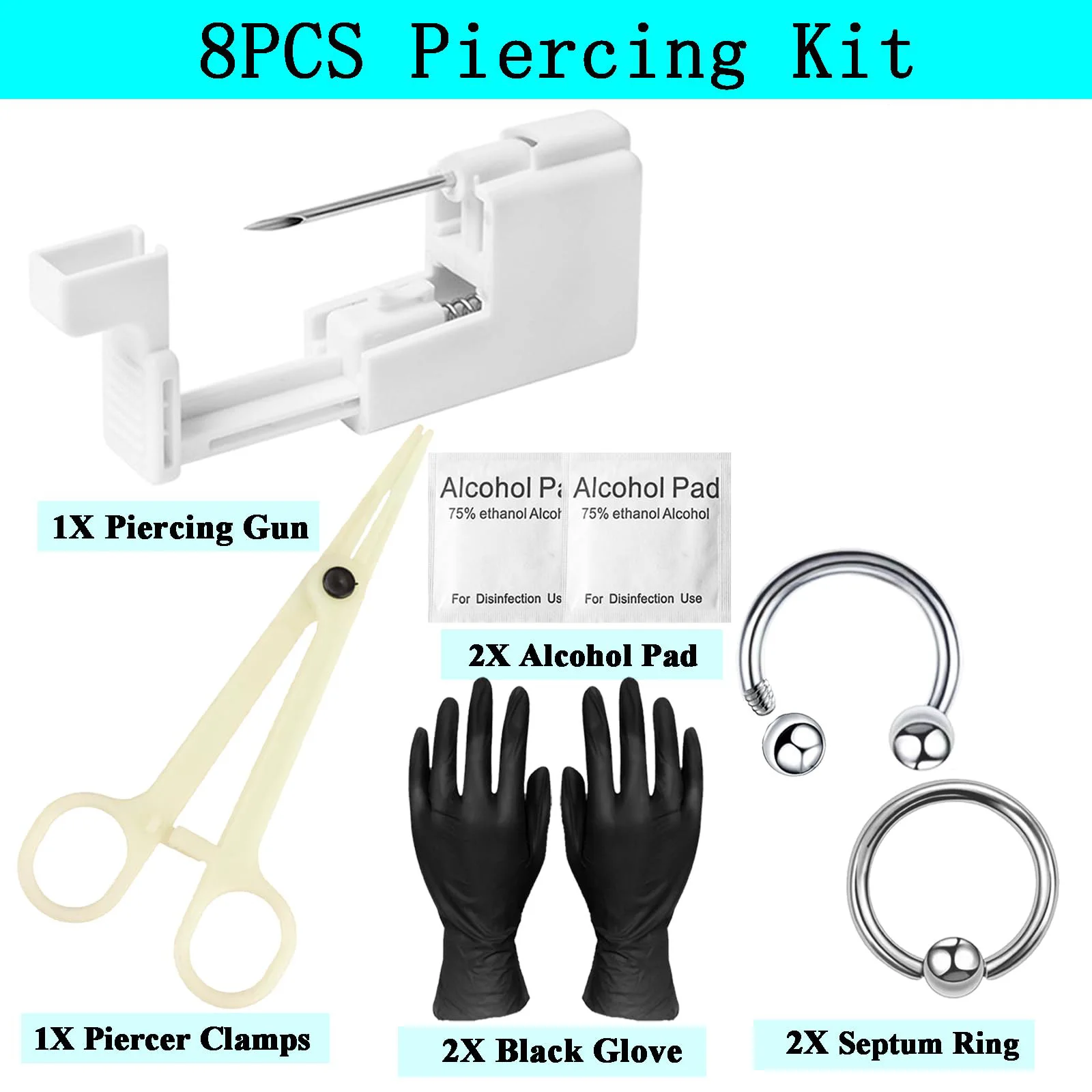 8Pcs Septum Piercing Jewelry Kit Nose Cartilage Tragus Piercing Gun Professional Tools Hollow Needle Piercer Clamps