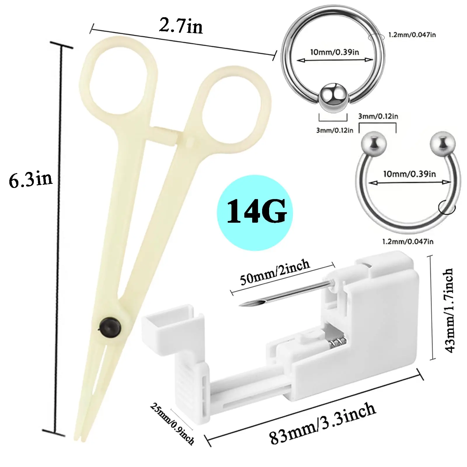8Pcs Septum Piercing Jewelry Kit Nose Cartilage Tragus Piercing Gun Professional Tools Hollow Needle Piercer Clamps
