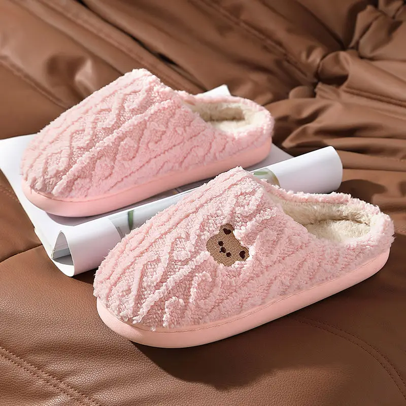 Winter Fluffy Shoes Women Cotton Slippers Cartoon Bear Thick Sole Warm Slides Men Female Couple House Indoor Plush Flat Shoes