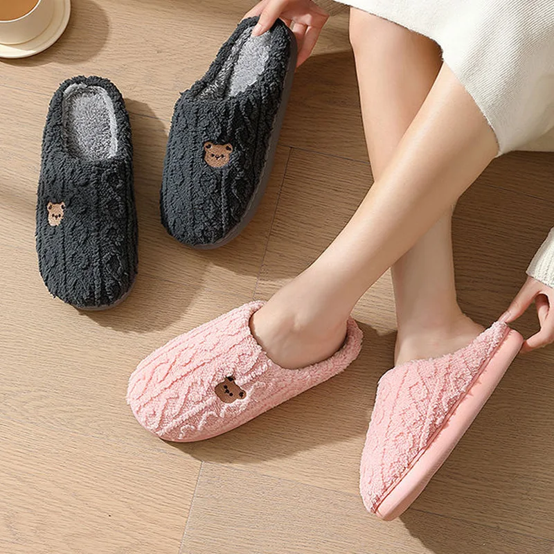 Winter Fluffy Shoes Women Cotton Slippers Cartoon Bear Thick Sole Warm Slides Men Female Couple House Indoor Plush Flat Shoes