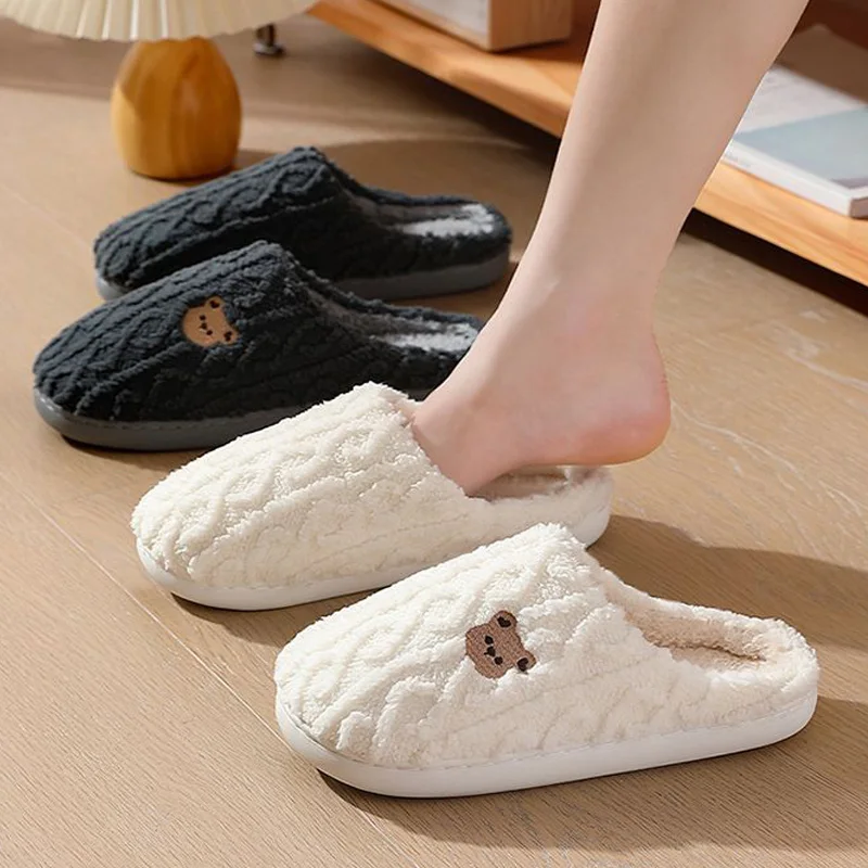 Winter Fluffy Shoes Women Cotton Slippers Cartoon Bear Thick Sole Warm Slides Men Female Couple House Indoor Plush Flat Shoes