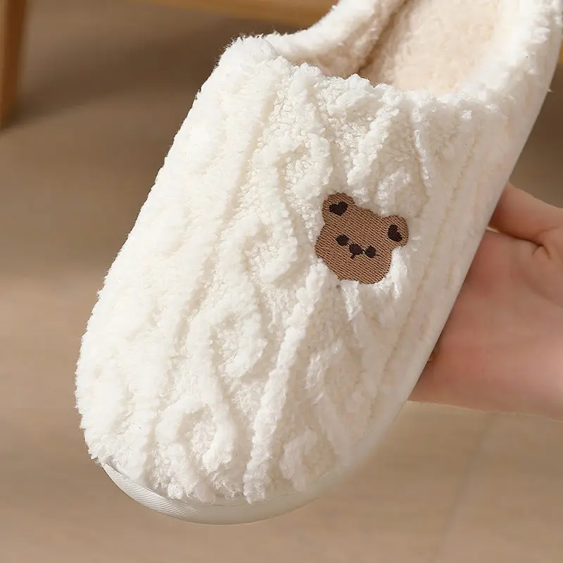 Winter Fluffy Shoes Women Cotton Slippers Cartoon Bear Thick Sole Warm Slides Men Female Couple House Indoor Plush Flat Shoes