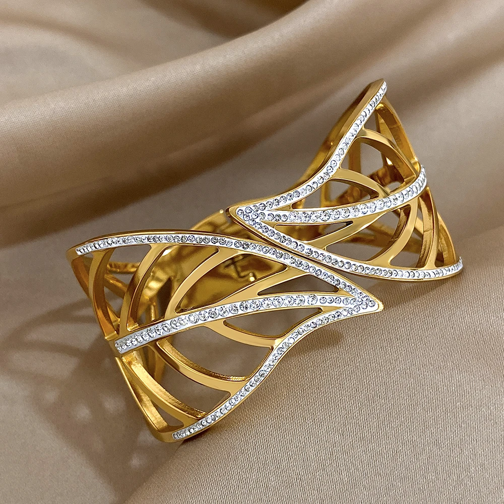Chunky Big Leaves Stainless Steel Bracelets for Women Elegant Inlaid Rhinestone Gold Plated Cuff Bangles Waterproof Jewelry