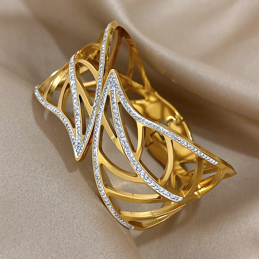 Chunky Big Leaves Stainless Steel Bracelets for Women Elegant Inlaid Rhinestone Gold Plated Cuff Bangles Waterproof Jewelry