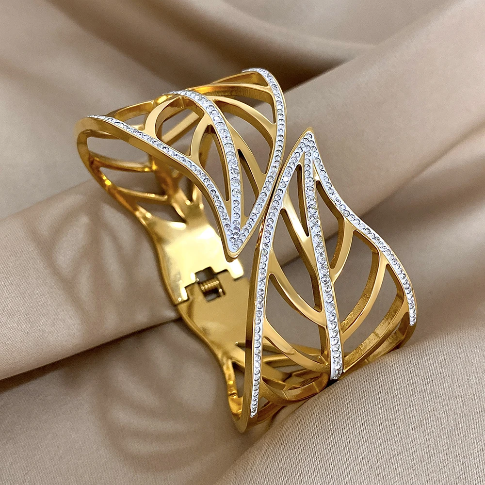 Chunky Big Leaves Stainless Steel Bracelets for Women Elegant Inlaid Rhinestone Gold Plated Cuff Bangles Waterproof Jewelry