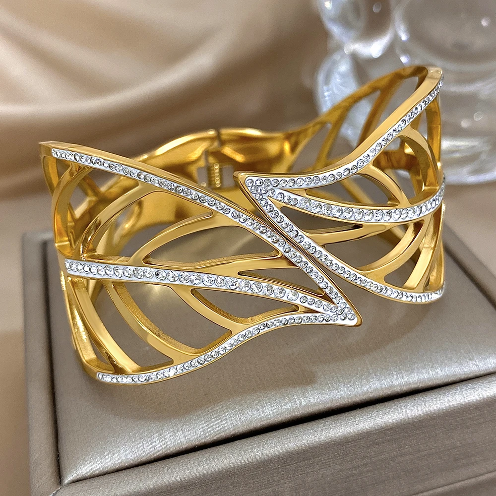 Chunky Big Leaves Stainless Steel Bracelets for Women Elegant Inlaid Rhinestone Gold Plated Cuff Bangles Waterproof Jewelry