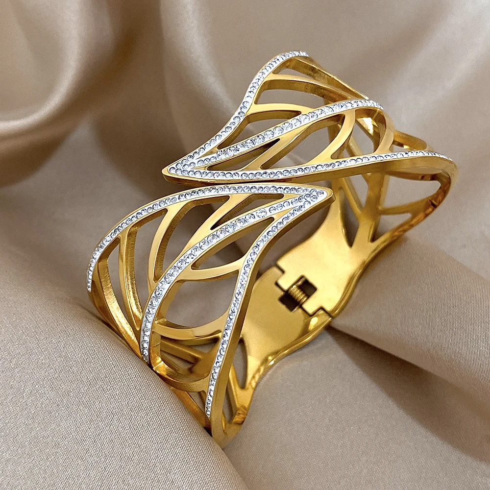 Chunky Big Leaves Stainless Steel Bracelets for Women Elegant Inlaid Rhinestone Gold Plated Cuff Bangles Waterproof Jewelry
