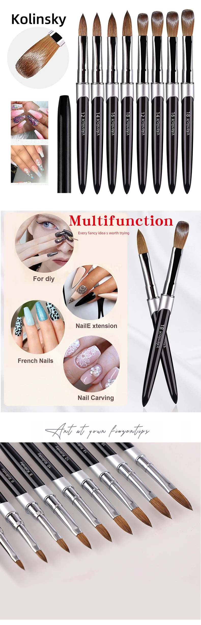100% Pure Kolinsky Hair Nail Art Brush Round Nail Oval Brush Acrylic OEM Logo Black Color Handle Nail Supplies for Professionals