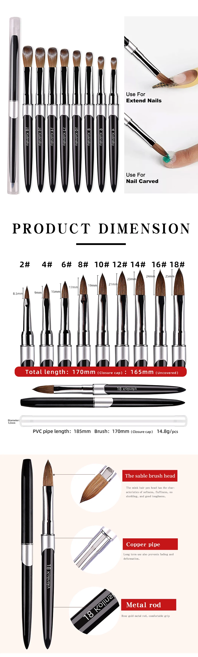 100% Pure Kolinsky Hair Nail Art Brush Round Nail Oval Brush Acrylic OEM Logo Black Color Handle Nail Supplies for Professionals