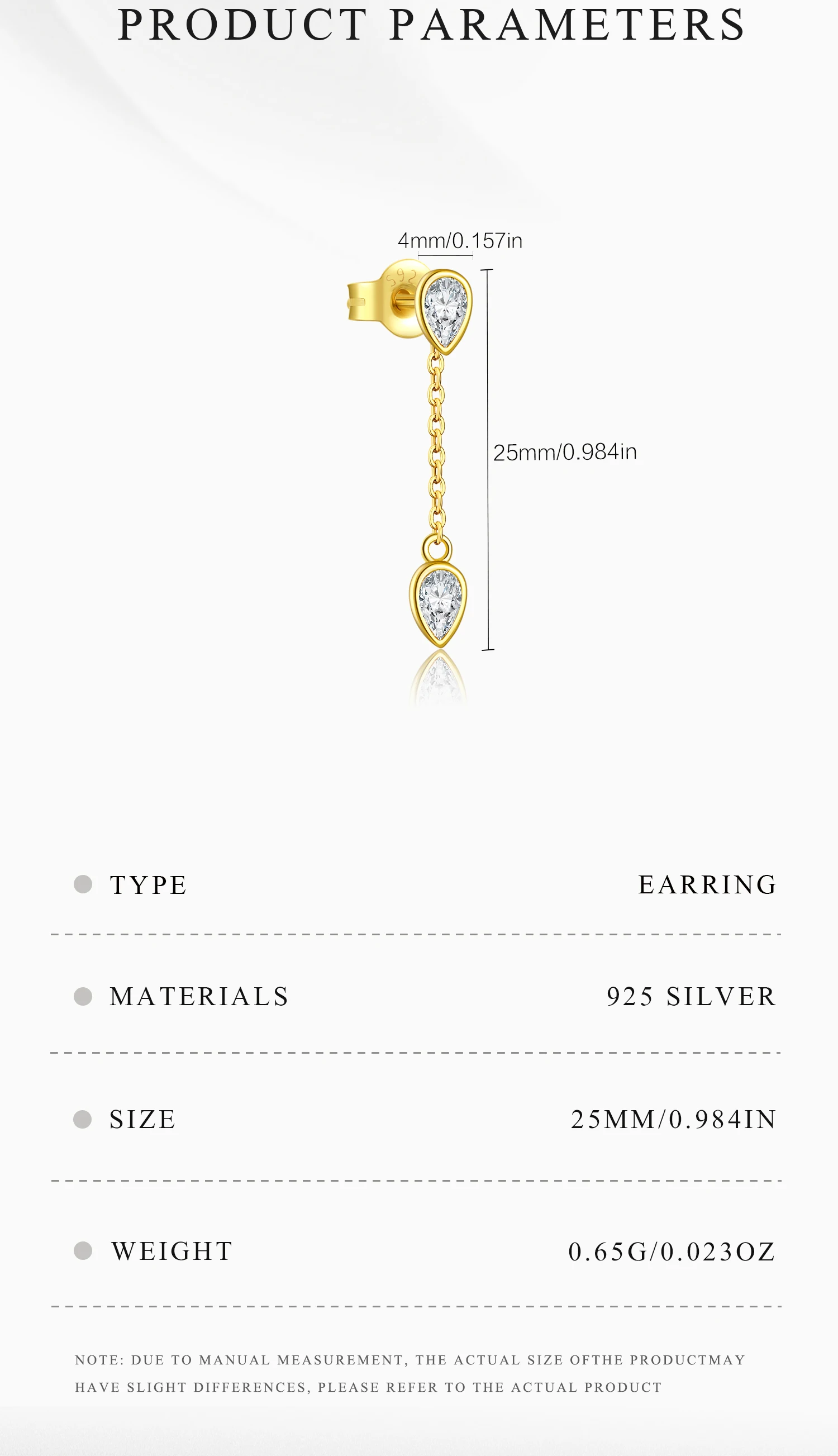 ANDYWEN Women 925 Sterling Silver Two Pear Shape Clear Zircon Single 1PCS Long Stud Earring Pendientes Piercing Fine Jewelry