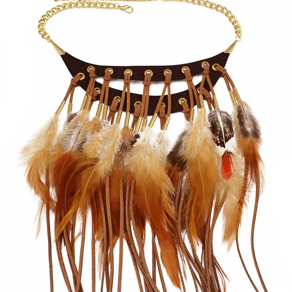 Long Brown Feather Leather Tassel Bib Necklace for Women Vintage Bohemian Indian Ethnic Tribal Feather Choker Statement Jewelry
