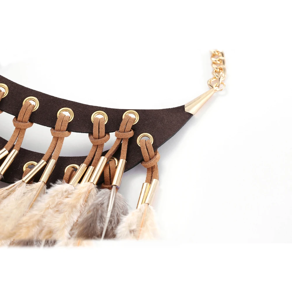 Long Brown Feather Leather Tassel Bib Necklace for Women Vintage Bohemian Indian Ethnic Tribal Feather Choker Statement Jewelry