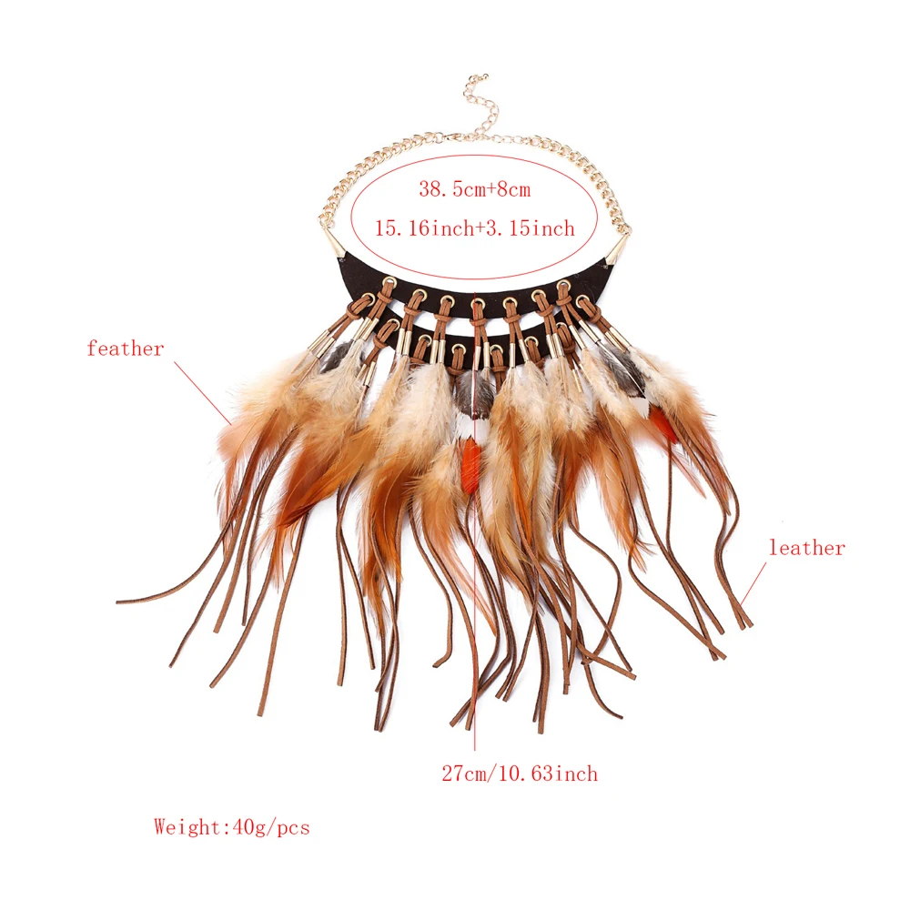 Long Brown Feather Leather Tassel Bib Necklace for Women Vintage Bohemian Indian Ethnic Tribal Feather Choker Statement Jewelry