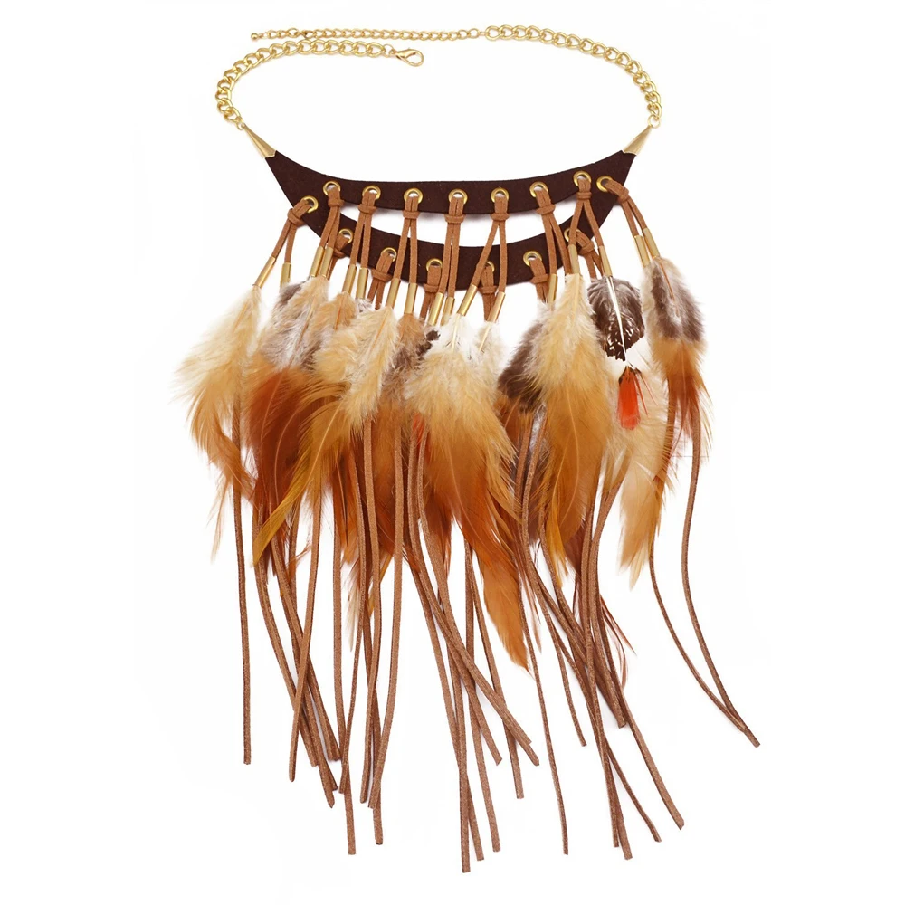 Long Brown Feather Leather Tassel Bib Necklace for Women Vintage Bohemian Indian Ethnic Tribal Feather Choker Statement Jewelry