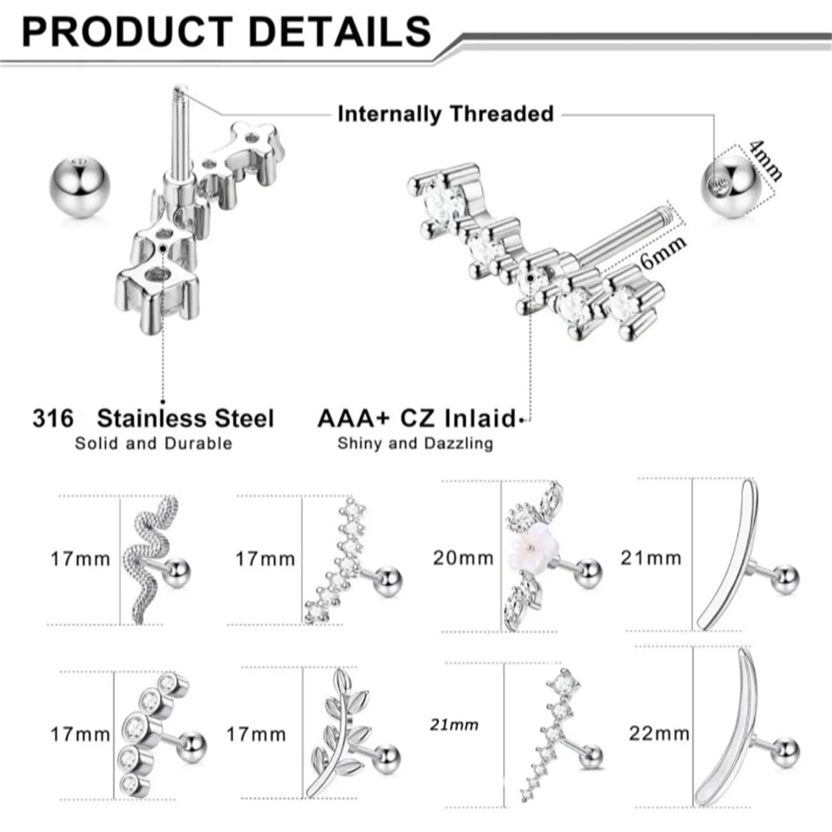 EVISPOL 2Pcs 16G Stainless Steel Screw Back Stud Earrings for Women, Cubic Zerconia Cartilage Conch Helix Ear Piercing Jewelry