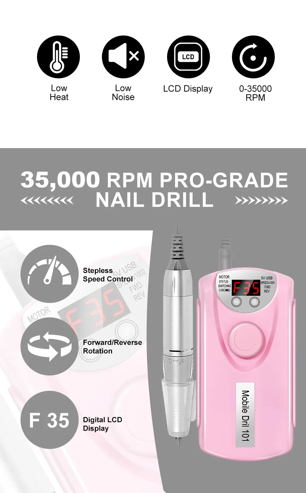 35000RPM Nail Drill Machine for Nails Rechargeable Manicure Low Noise Professional Electric Nail Drills Motor Polishe Sander