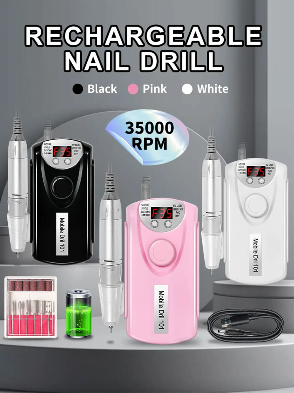35000RPM Nail Drill Machine for Nails Rechargeable Manicure Low Noise Professional Electric Nail Drills Motor Polishe Sander