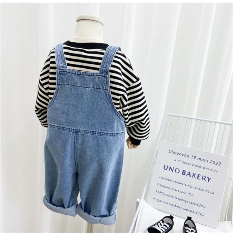 2025 Boys Overalls Girls Denim Backpack Children Solid Colour Pocket Trousers Kids Simple Fashion Casual Pant 2-8 Years Old