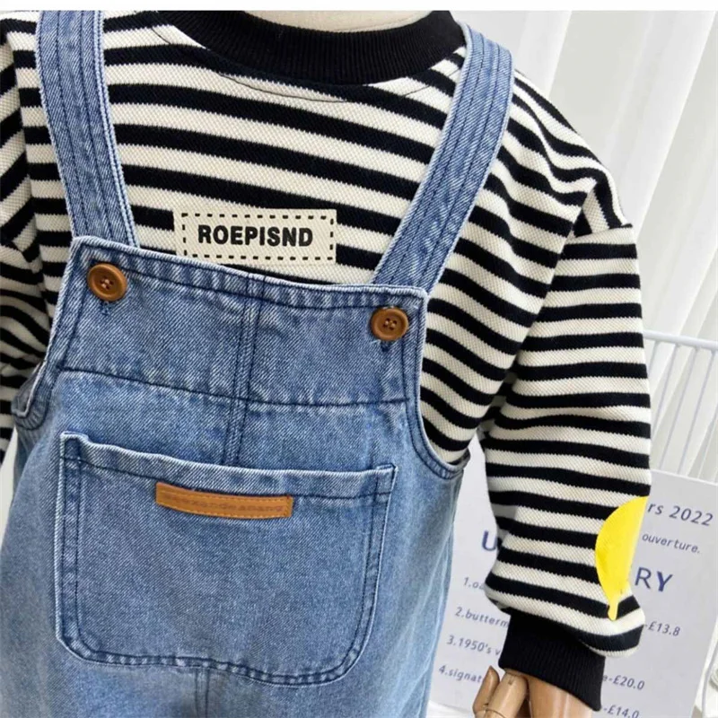2025 Boys Overalls Girls Denim Backpack Children Solid Colour Pocket Trousers Kids Simple Fashion Casual Pant 2-8 Years Old