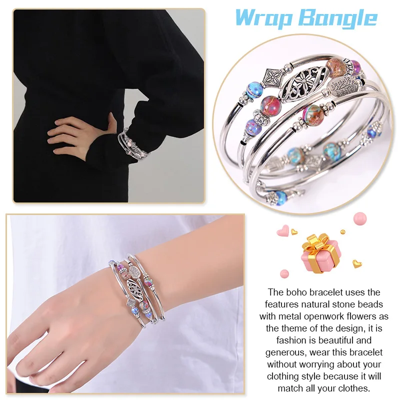 Layered Wrap Bangle Turquoise Bracelet - Bead Bracelet with Natural Agate Stone, Gifts for Women Men Mom Girls
