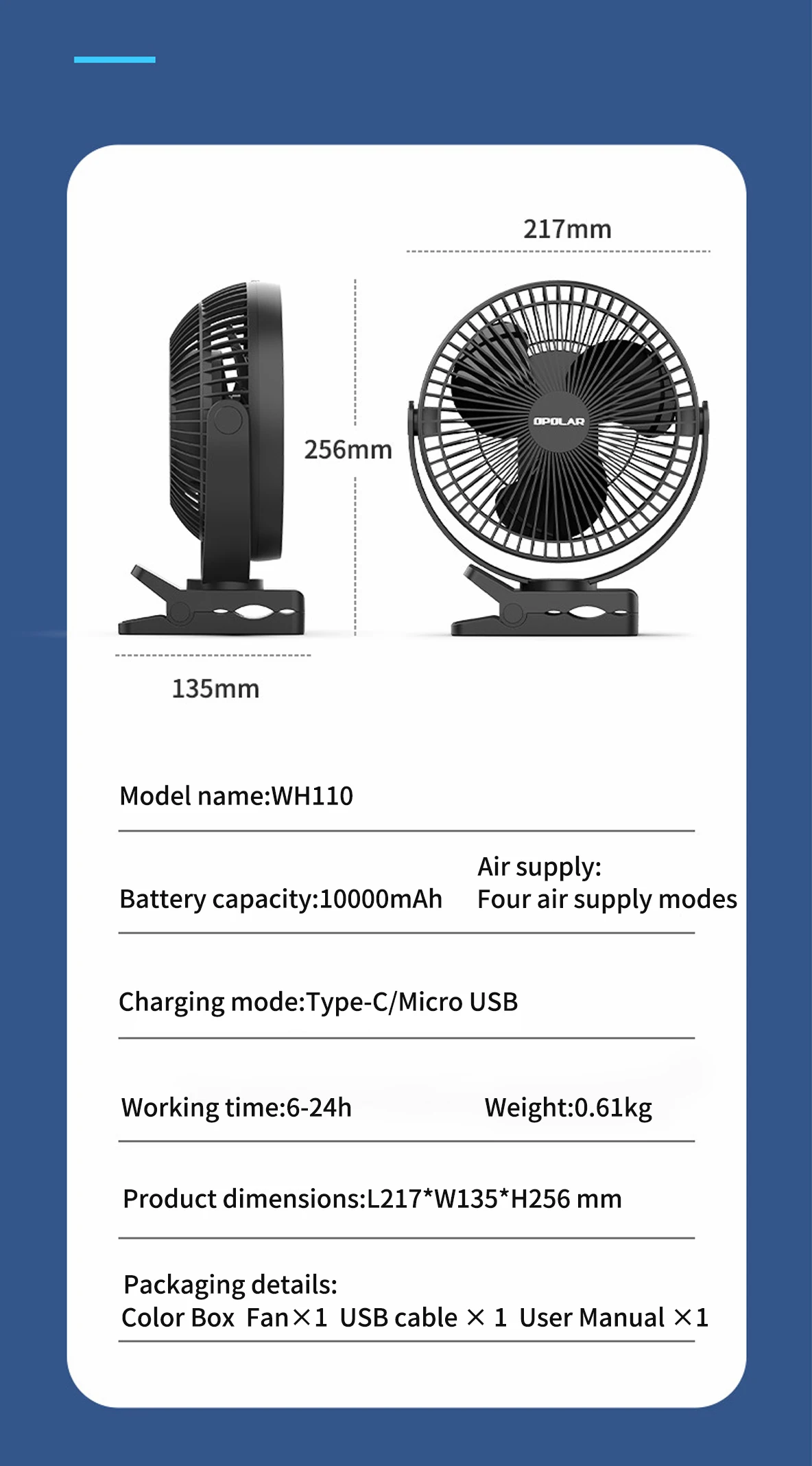 OPOLAR Rechargeable 8inch Clip Fan Strong Silent Wind Mini USB Fan Sturdy Clamp for Baby Stroller Camping Home Outdoor 10,000mAh