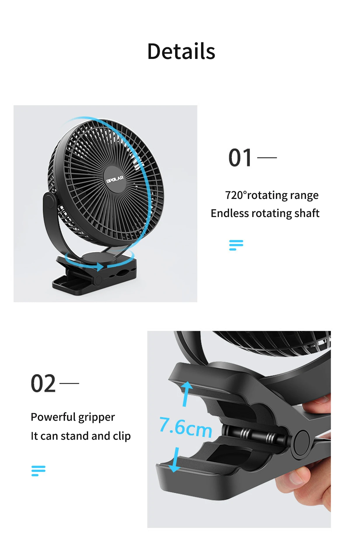 OPOLAR Rechargeable 8inch Clip Fan Strong Silent Wind Mini USB Fan Sturdy Clamp for Baby Stroller Camping Home Outdoor 10,000mAh
