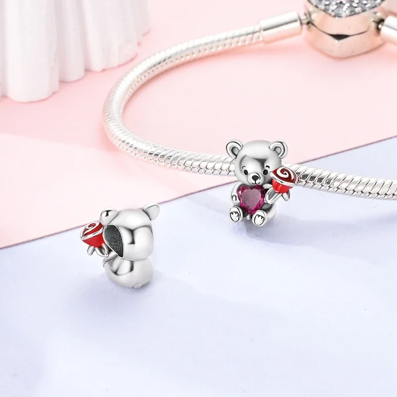 Romantic Valentine's Day Charms Pink Heart Rose Bear Charms Fit for 925 Silver Bracelet Necklace Women Anniversary‘s Gifts